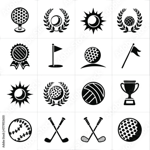 A collection of sixteen black and white icons featuring golf balls, baseball, sun, and golf clubs icons