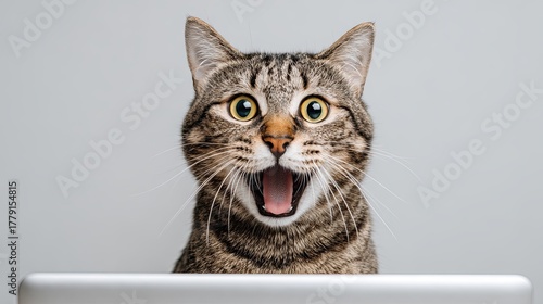 Funny surprised cat with wide open mouth sitting behind laptop on light background showing shocked face