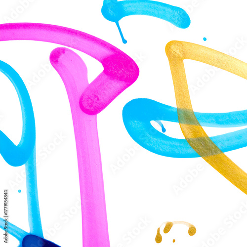 Vibrant, abstract paint strokes of pink, blue, and gold