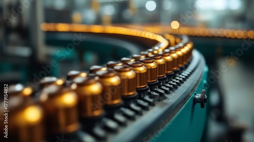 High-speed industrial manufacturing: automated conveyor system transporting golden products in a