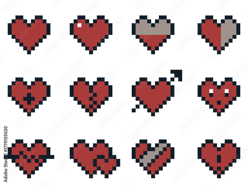 Fototapeta premium 8-bit pixel art red heart icon set