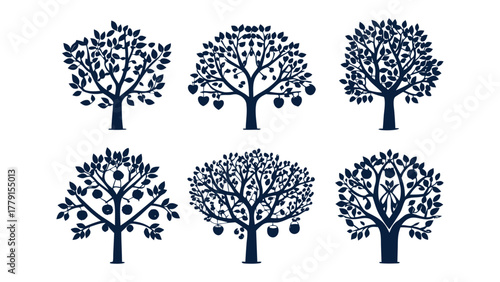 Six Artistically Rendered Trees: An elegant collection of six trees in a minimalist silhouette design, showcasing varied shapes, with each tree's silhouette crafted to add visual appeal.