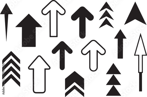 Collection of diverse black and white arrows pointing upward