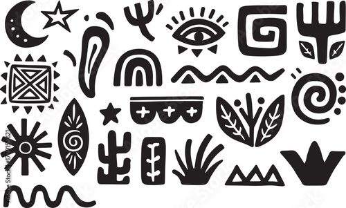 Collection of black and white abstract doodle elements for graphic design