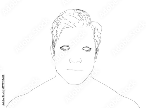 A man's face in black and white contour drawing with short, neat hair and a neutral expression. His distinct facial features are clearly defined against a plain white background.