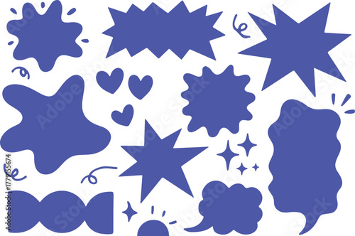 Collection of funky abstract shapes and comic elements on white background