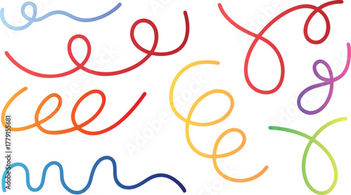 Vibrant colorful swirling and curling graphic elements on white background