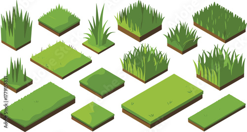 Isometric grass blocks and textures illustration showing various green lawn and soil tiles for landscape, nature, and eco design projects