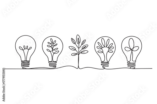 Continuous one line drawing of light bulb with tree inside eco concept illustration
