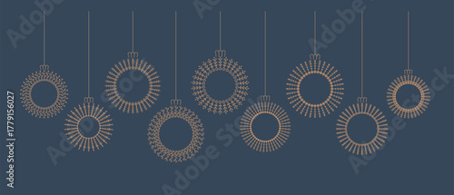 Luxury elegant line hanging Christmas bauble, toy, ball elements for greeting card, poster, cover. Merry Christmas, Happy new Year vetor banner