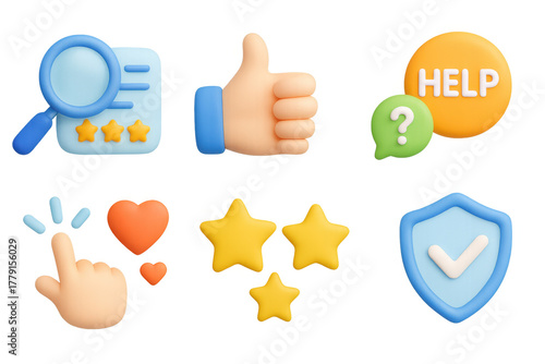 3d icons set with thumbs up, help, stars, and checkmark shield for user interface