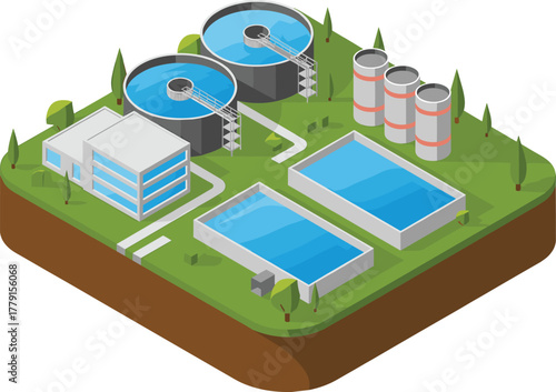 Isometric 3D illustration of modern water treatment plant with filtration tanks, purification basins, storage cylinders, and environmental clean water facility