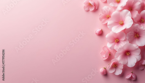 Soft pink background with flowers and copy space