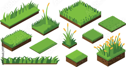 Isometric grass illustration set showing different types of green grass patches, soil blocks, and plants for landscape design projects