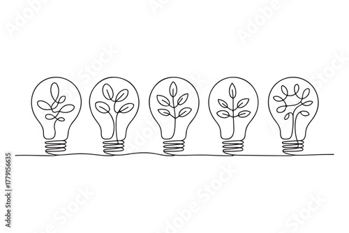 Continuous one line drawing of light bulb with tree inside eco concept illustration
