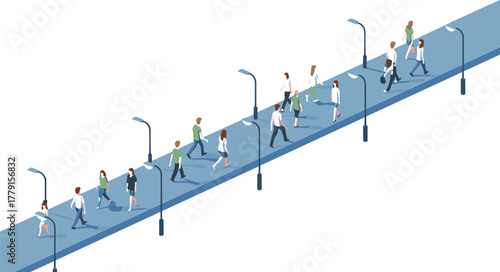 Isometric illustration of people walking on city sidewalk under street lamps, urban lifestyle concept showing daily commute and pedestrian activity