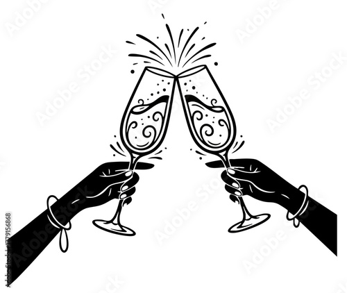Celebration toast icon, champagne flutes clinking. Decorative New Year clink. Hands holding toasting glasses. 
Elegant black sparkle silhouette. Swirl design cheers vector party design element