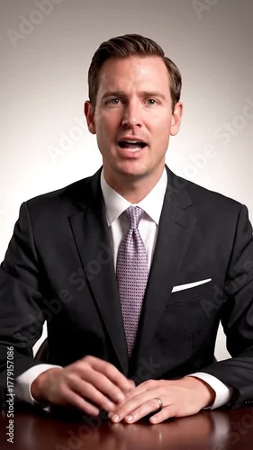 Well-dressed, smiling man in suit and tie on a neutral background, ready to speak