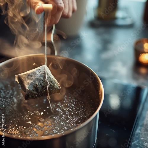 Steaming pot of boiling water with tea bag being submerged for flavor infusion in cozy kitchen atmosphere