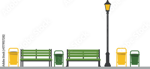 Minimalist illustration of a park scene with benches, trash bins, and street lamp, urban public space vector design concept