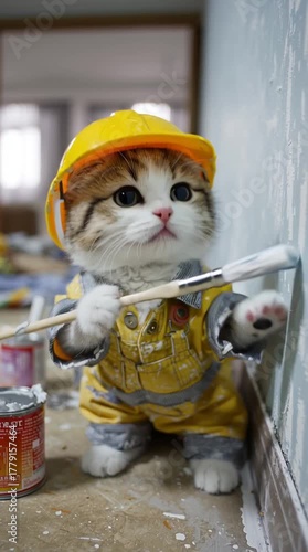 Adorable kitten dressed as a construction worker holding a paintbrush in a home renovation setting