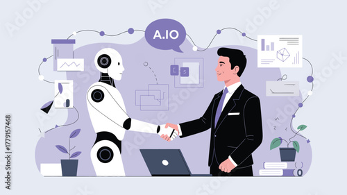 Robot and human shaking hands vector illustration future collaboration technology business partnership vector