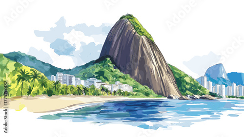 Sugarloaf Mountain. Sugarloaf Mountain hand drawn watercolor illustration