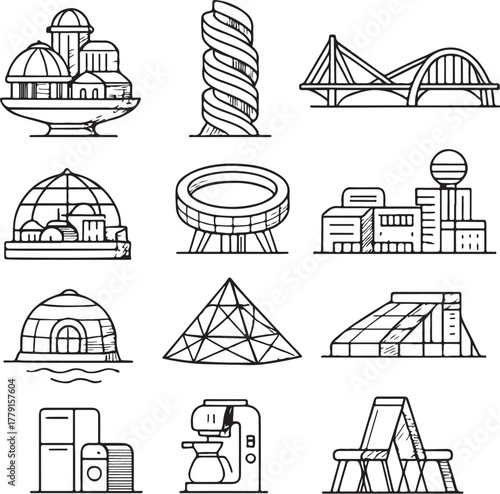 Futuristic Architectural Structures Black and White Vector Illustration.eps