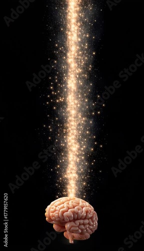 Human brain with cosmic energy light burst emanating from it in a dark environment, symbolizing creativity and intelligence