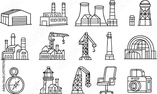 Industrial Structures Black and White Vector Illustration.eps