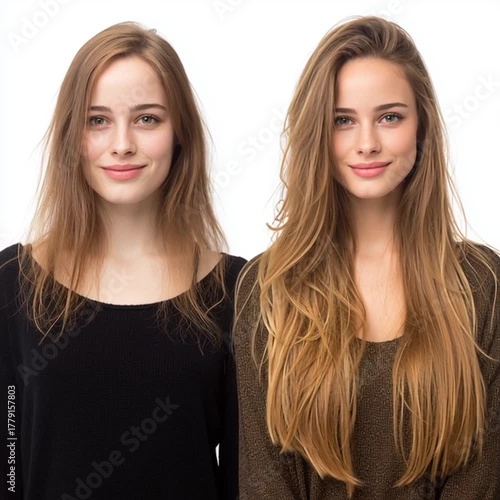 Comparison of Two Women with Different Hairstyles and Makeup Showcase Natural Beauty and Hair Versatility