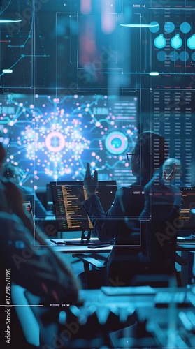 Professional in Modern Office Engaged in Data Analysis with Visualizations on Screen in Background