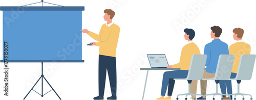 Minimalist illustration of business presentation scene with speaker, projector screen, and audience team in corporate meeting or training session