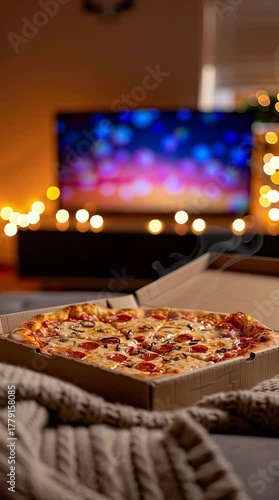 Freshly Baked Pizza with Toppings Surrounded by Cozy Atmosphere and Soft Diffused Lights for Relaxing Evening Vibes