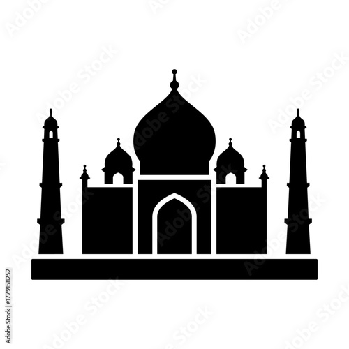Taj mahal icon, black silhouette isolated on white. Minimalist sign in stencil style. Simple vector clipart shape for India sights or Agra landmark illustration, graphic and web design.