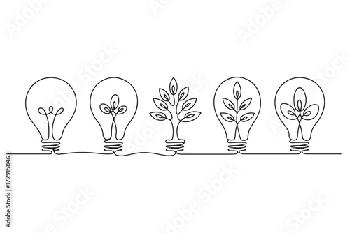 Continuous one line drawing of light bulb with tree inside eco concept illustration

