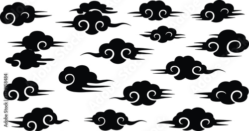 Set of traditional Chinese cloud symbols in black silhouette style, Asian decorative swirl cloud elements for design and illustration