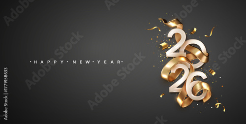 Celebrations 2026 Happy New Year with golden realistic ribbon on black background. Christmas holiday illustration.
