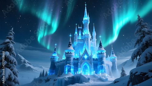A fantasy ice castle with glowing blue lights snow covered spires aurora in the sky ultra detailed cinematic fantasy.
