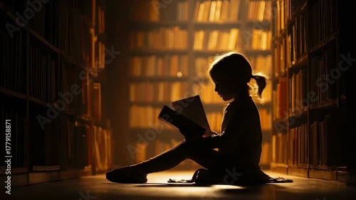 A young child silhouetted by warm backlighting sits on the floor of a library aisle engrossed in a book Bookshelves filled with books create a glowing atmospheric background