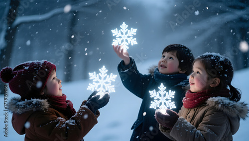 Children catching snowflakes that glow magically soft snowfall cinematic highly atmospheric.
