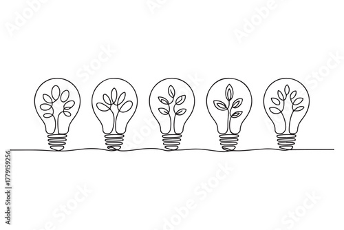 Continuous one line drawing of light bulb with tree inside eco concept illustration
