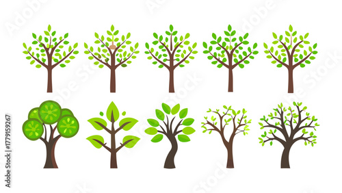 Verdant Variations: A collection of stylized trees in vibrant shades of green and brown, depicting nature's diverse forms and the beauty of plant life.