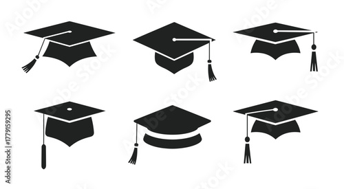 Set of six black graduation mortarboard caps vector illustrations for academic achievement vector