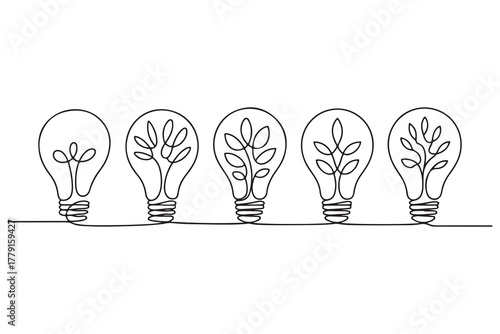 Continuous one line drawing of light bulb with tree inside eco concept illustration
