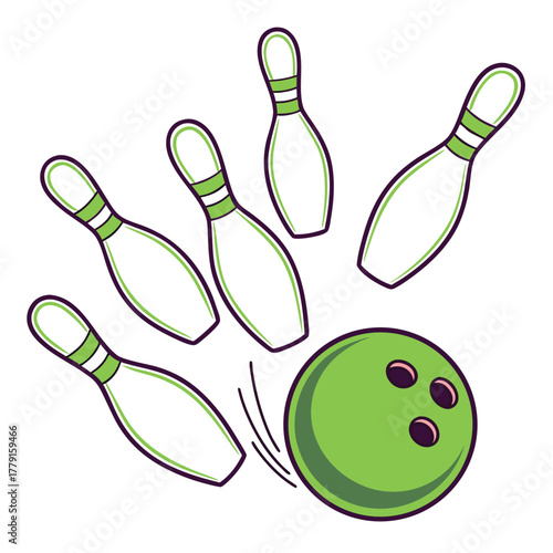 Illustration of a green bowling ball in motion heading towards five white bowling pins ready to strike