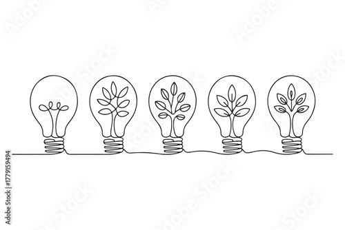 Continuous one line drawing of light bulb with tree inside eco concept illustration
