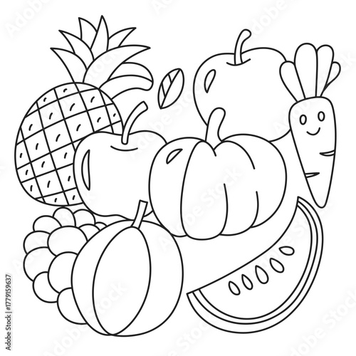 Scalable line drawing vector illustration of assorted fruits and vegetables for eps vector