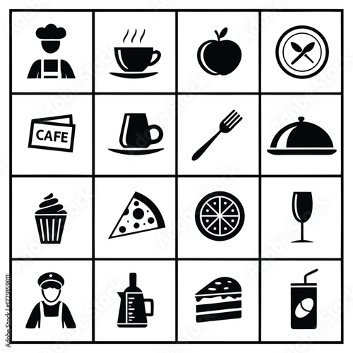 Collection of sixteen food and beverage icons in a square grid, including chef, pizza, and drinks items