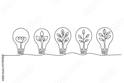 Continuous one line drawing of light bulb with tree inside eco concept illustration
